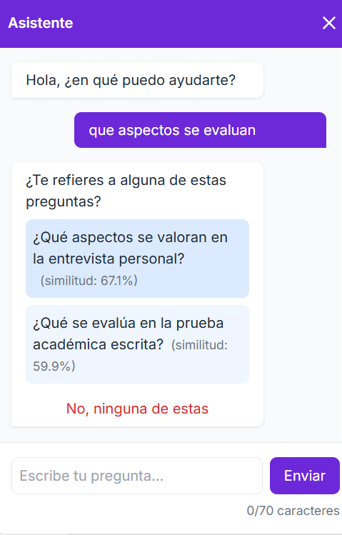 Chatbot ofreciendo sugerencias de preguntas predefinidas para ayudar al usuario