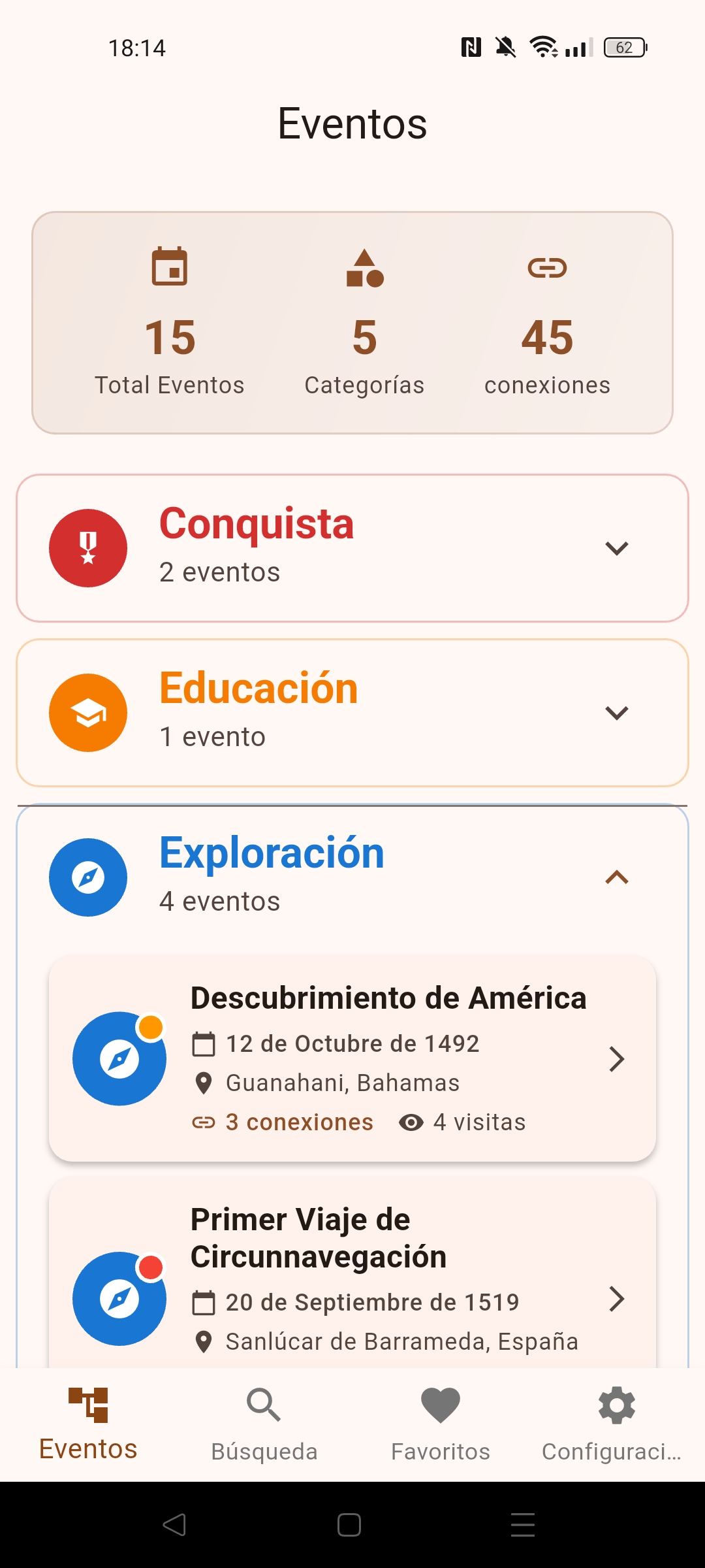 Pantalla principal de la app de eventos históricos
